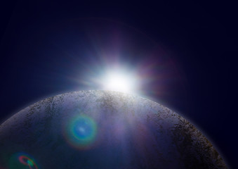 World and sun realistic 3D rendering. Shiny sunlight over Planet Earth, cosmos, atmosphere. Shot from Space satellite