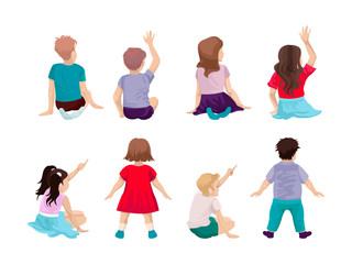 A set of different children, sitting and standing back. Girls and boys. Vector illustration