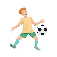 Child boy soccer player in training. Catching the ball. Character vector illustration
