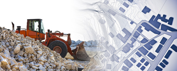 Earth mover with a dam of white stones on a construction site - concept image with a city map