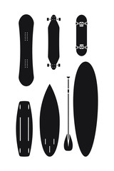 Vector flat black bundle of different boards isolated on white background. Surf, skate and snowboard set