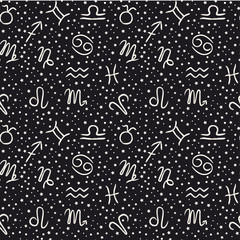 Fototapeta na wymiar Seamless pattern with zodiac signs on the starry sky, black and white