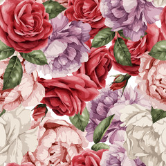 Seamless floral pattern with roses, watercolor. Vector illustration. - 317573354