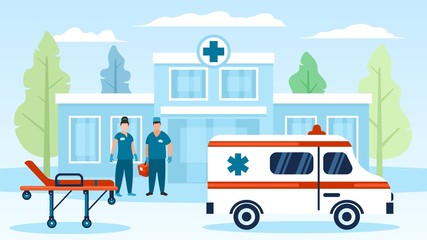 Ambulance car, doctors, hospital wheel bad, building vector illustration. Man, women physicians in uniform, surgical gloves standing with first aid kit. Healthcare, medical treatment, transportation. © creativeteam