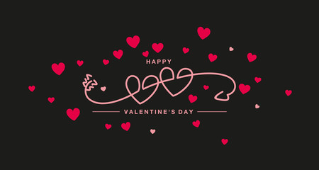 Happy Valentines Day pink handwritten two hearts with arrow line design pink red hearts black background banner