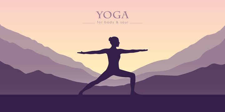 girl makes yoga mountain view purple landscape vector illustration EPS10