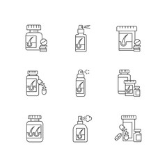 Hair loss pixel perfect linear icons set. Medicament for alopecia. Vitamin supplements for hair thinning. Customizable thin line contour symbols. Isolated vector outline illustrations. Editable stroke