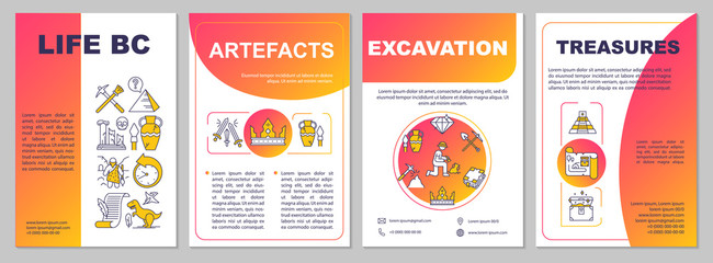 Life BC brochure template. Artefacts, excavation, treasures. Flyer, booklet, leaflet print, cover design with linear icons. Vector page layouts for magazines, annual reports, advertising posters