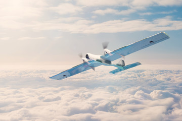 Unmanned aerial vehicle with security cameras flies above the clouds.