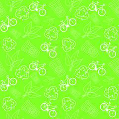 Seamless pattern of recycle sign, bicycle, waste can, leaf in green colour.   For wrapping paper, wallpaper, fabric pattern, backdrop, print, gift wrap, cover of notebook, envelope