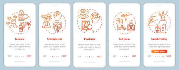 Mental disorders onboarding mobile app page screen with concepts. Paranoia. Psychological diseases walkthrough five steps graphic instructions. UI vector template with RGB color illustrations
