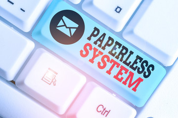 Handwriting text Paperless System. Conceptual photo storage or communication of information in...