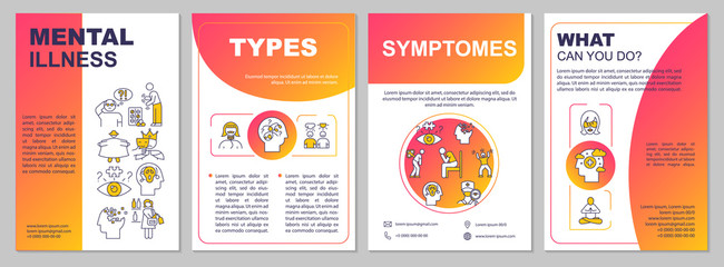 Mental illness brochure template. Flyer, booklet, leaflet print, cover design, linear icons. Psychological disorder types and symptoms. Vector layouts for magazines, reports, advertising posters