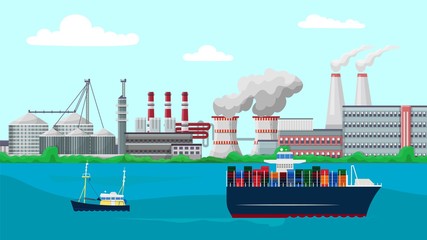 Obraz premium Vessels container ship sail past factory buildings vector illustration. Smoking industrial chimney pipes pollute environment with toxic fumes emissions. Plants, cargo transportation, boat building.