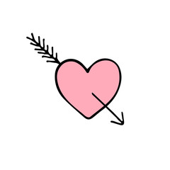 Vector hand drawn doodle sketch pink heart with arrow isolated on white background