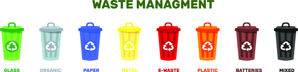 Vector illustration of containers for garbage of different types. Waste managment conept. Zero waste, sorting and recycle.  Organic, paper, plastic, glass, metal, e-waste and mixed waste. 