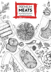 Meats and sausages top view frame. Vector illustration. Engraved design. Hand drawn illustration. Meat products design template.