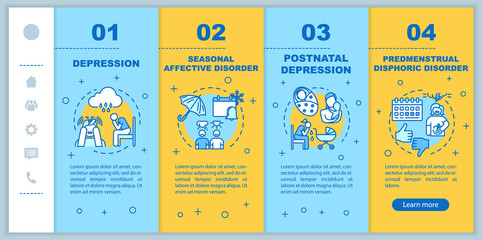 Mental disorders onboarding vector template. Psychological problems. Seasonal affective disorder. Depression. Responsive mobile website with icons. Webpage walkthrough step screens. RGB color concept