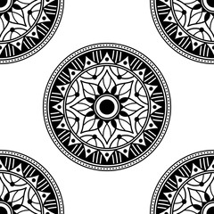Mandala seamless pattern black and white. Islam, Arabic, Pakistan, Moroccan, Turkish, Indian, Spain motifs