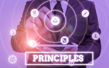 Writing note showing Principles. Business concept for fundamental truth that serves as the base for...