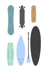 Vector flat cartoon colored bundle of different boards isolated on white background. Surf, skate and snowboard set