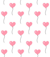 Fototapeta na wymiar Vector seamless pattern of flat cartoon heart shaped pink air balloon isolated on white background