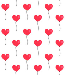 Fototapeta na wymiar Vector seamless pattern of flat cartoon heart shaped red air balloon isolated on white background