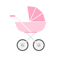 Fototapeta na wymiar Vector flat cartoon pink baby pram isolated on white background