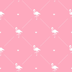 Vector seamless pattern of white flamingo silhouette and hearts isolated on pink background © Sweta