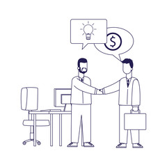 cartoon businessmen shaking hands at office, flat design