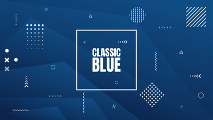 Graphic trendy minimalist backdrop. Classic blue fashion color. Layered geometric wallpaper. Landing page, website template with Memphis pattern elements. Presentation design. Polygonal shapes