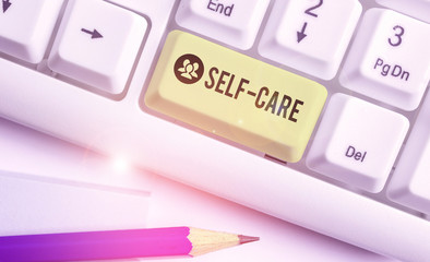 Conceptual hand writing showing Self Care. Concept meaning the practice of taking action to improve...