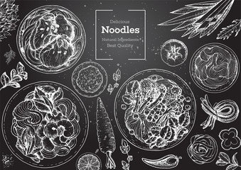 Asian food engraved sketch. Noodle dishes top view frame. Food menu design with cooked noodles . Vintage hand drawn sketch vector illustration. Asian cuisine menu background.