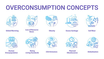 Overconsumption concept icons set. Global warming. Ecological and environmental damage. Consumerism idea thin line RGB color illustrations. Vector isolated outline drawings. Editable stroke