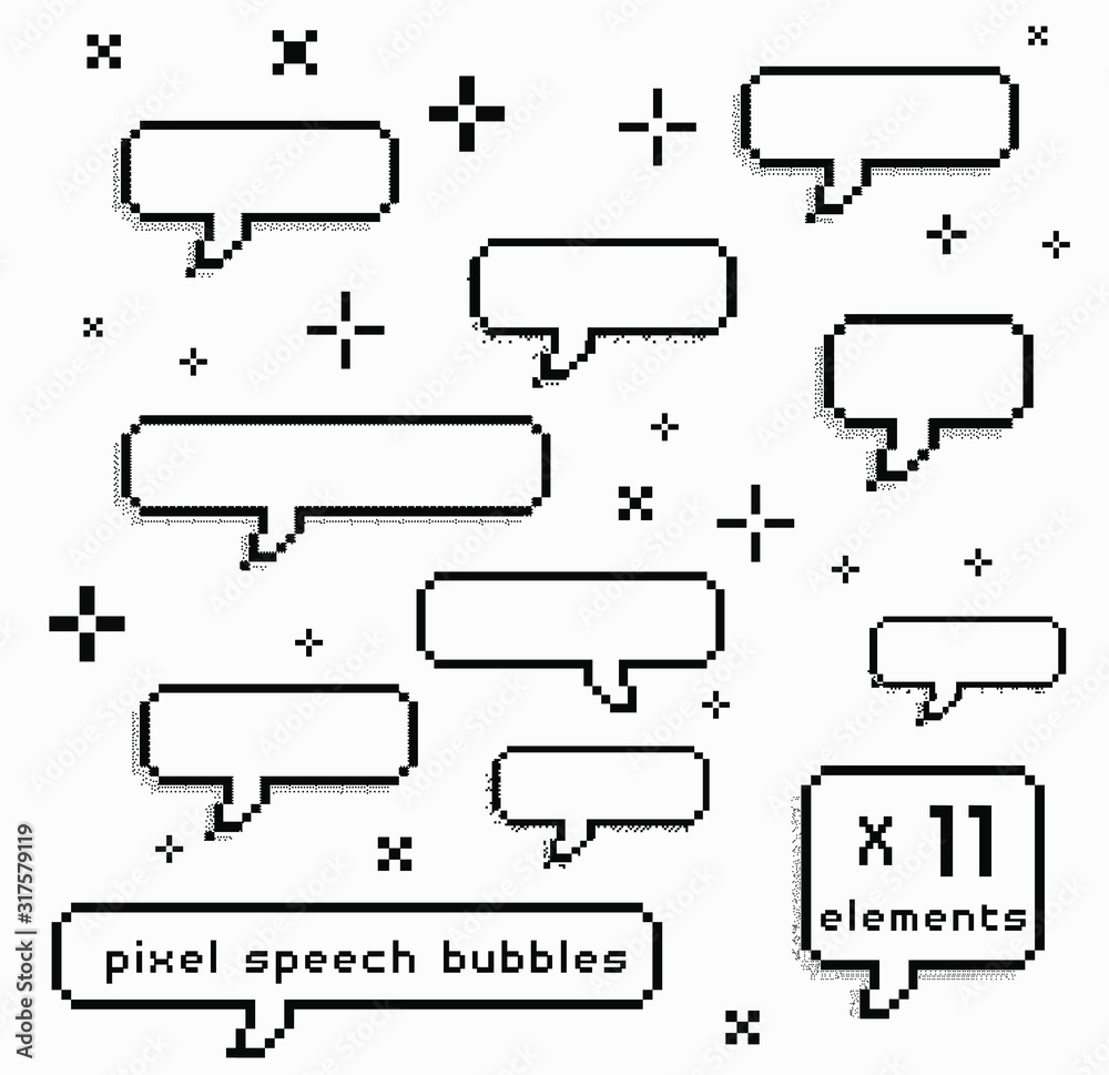 Poster Set of pixel art speech bubbles like in 8-bit arcade game. Retrowave and vaporwave style design elements.