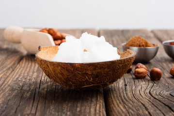 hazelnut cream ingredients on old wooden table
