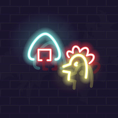 Neon chicken onigiri silhouette. Traditional japanese snack. Glowing vector illustration on brick wall background.