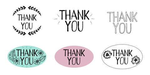 Fototapeta premium Set of illustrations with the words Thank you. Several vector sticker templates isolated on white background.