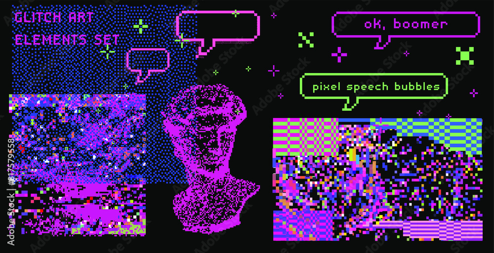 Aufkleber Set of pixelated speech bubbles like in 8-bit arcade game and glitch art elements. Retrowave and vaporwave style design elements.