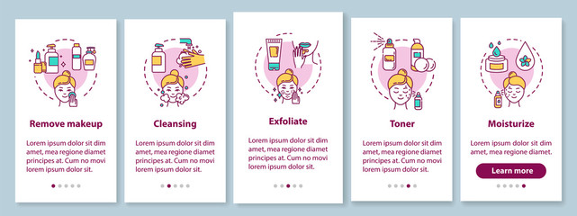 Skicare onboarding mobile app page screen with concepts. Regular masks, facebuilding. Cosmetology walkthrough 5 steps graphic instructions. UI vector template with RGB color illustrations