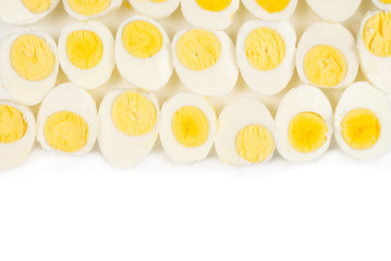 Half boiled eggs background.