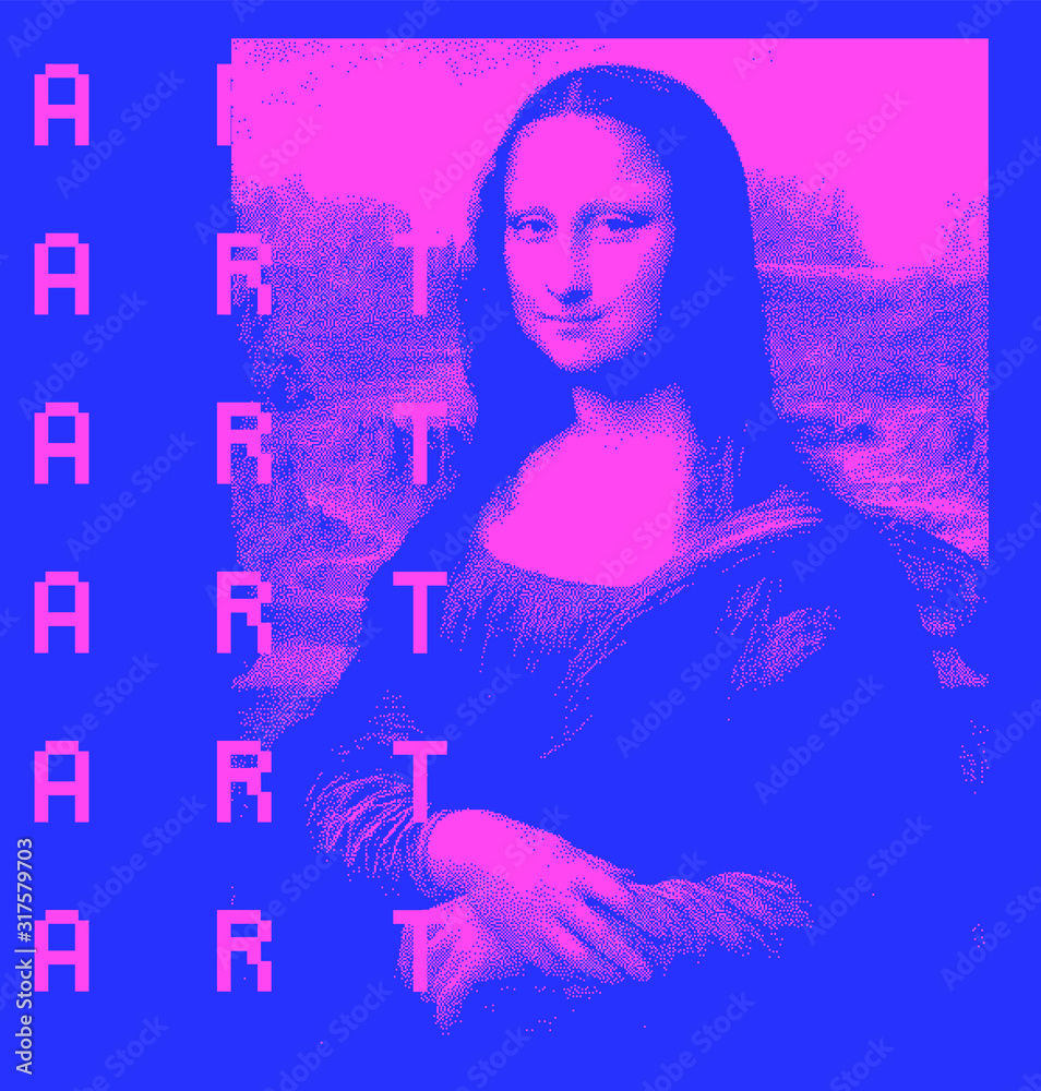 Aufkleber Portret made of pixels with generative art algorithm. Vaporwave and retrowave style vector illustration  in duotone purple and blue color palette.