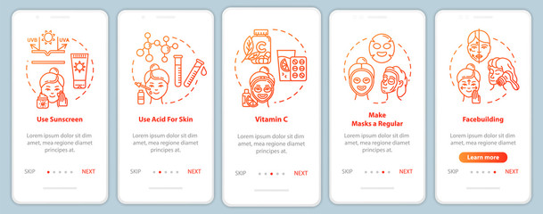 Skicare onboarding mobile app page screen with concepts. Facebuilding, regular facial masks. Cosmetology walkthrough 5 steps graphic instructions. UI vector template with RGB color illustrations