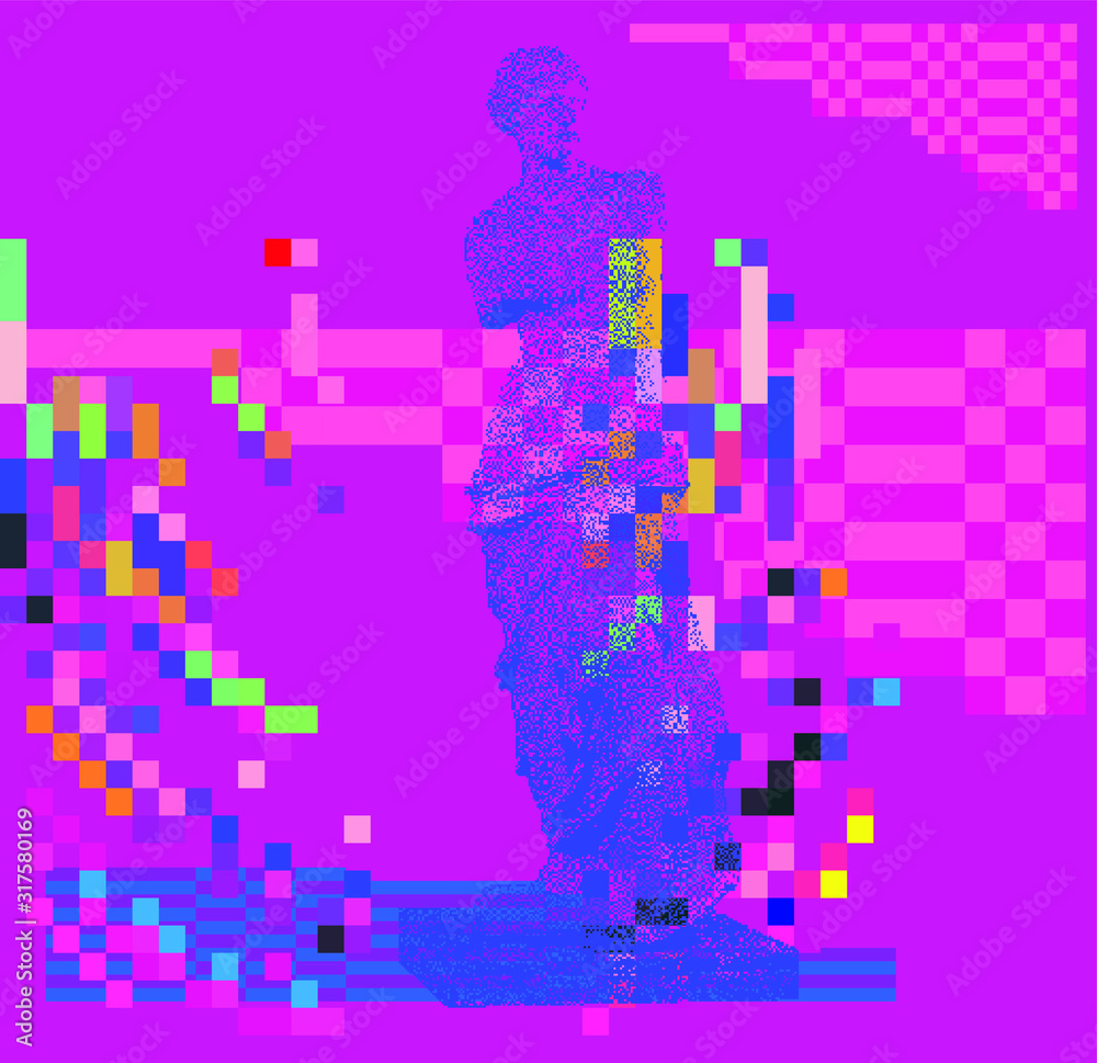 Aufkleber Abstract surreal composition with Venus sculpture and random pixel noise in bright pink and violet colors. Vaporwave trendy print for t-shirt and apparel.