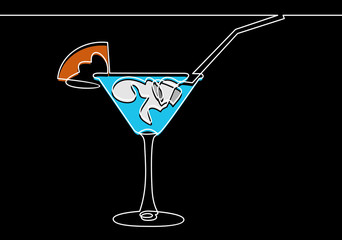 Continuous line drawing. Wineglass with cocktail and lemon. Hand drawn vector illustration.