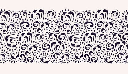 Hand-Drawn Black and White Vintage Swirls Vector Seamless Horizontal Pattern Border. Elegant Classic Background Print