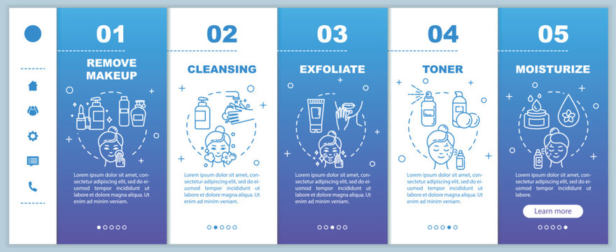 Skincare onboarding vector template. Remove makeup. Cleansing, exfoliating. Toner and moisturizer. Responsive mobile website with icons. Webpage walkthrough step screens. RGB color concept