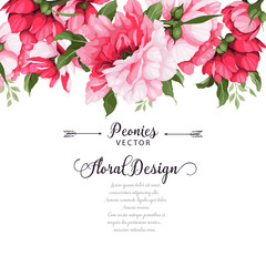 Greeting card with peonies, watercolor, can be used as invitation card for wedding, birthday and other holiday and  summer background. Vector illustration.