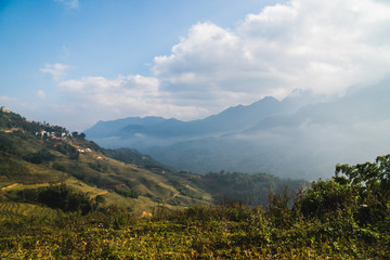 Beautiful panoramic view of the hills from Sa Pa region in Vietnam, Hoàng Liên Son Mountains, in Lao Cai Province, Asia