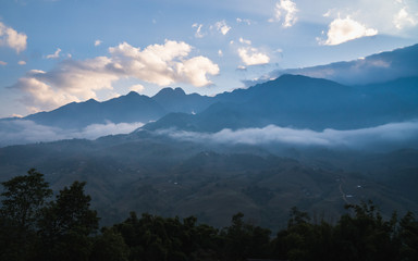 Beautiful panoramic view of the hills from Sa Pa region in Vietnam, Hoàng Liên Son Mountains, in Lao Cai Province, Asia